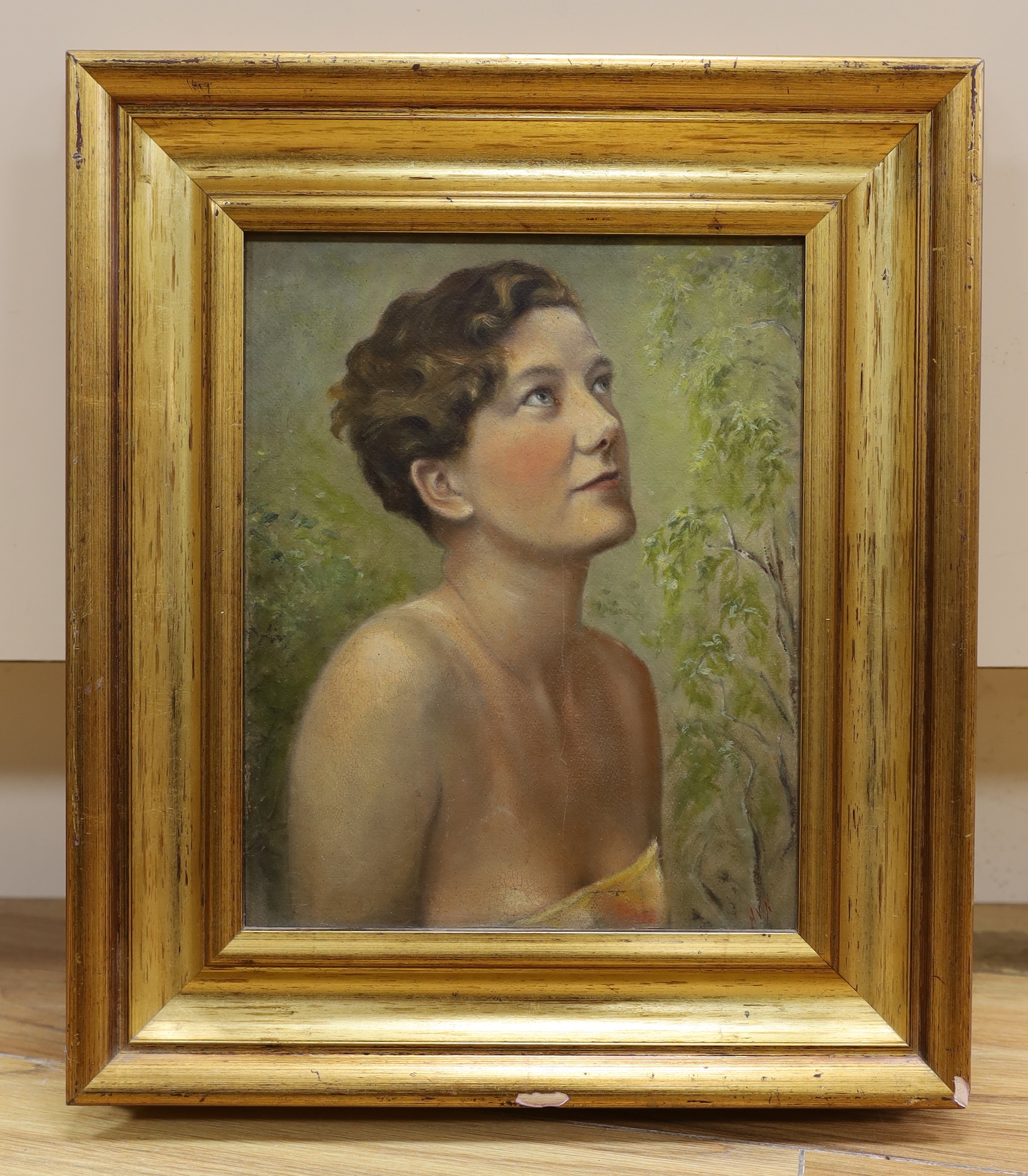 Art Deco style, oil on board, Head and shoulders portrait of a lady, monogrammed HVN, 25 x 20cm